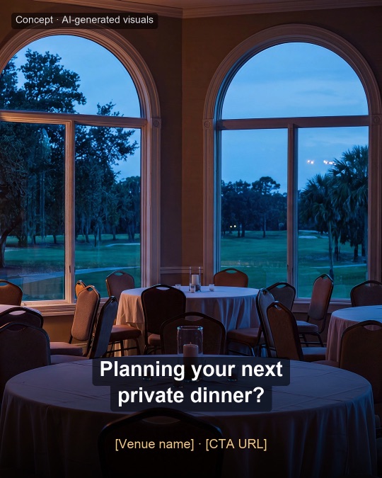 An empty dining room set with round tables, arched windows onto a golf course at dusk. Headline: Planning your next private dinner?