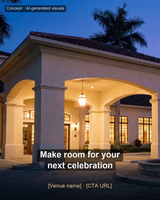 A lit entrance arch with a hanging lantern at dusk, palms behind. Headline: Make room for your next celebration.