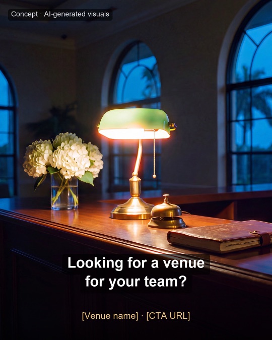 A front desk with a green reading lamp, white hydrangeas and a service bell. Headline: Looking for a venue for your team?