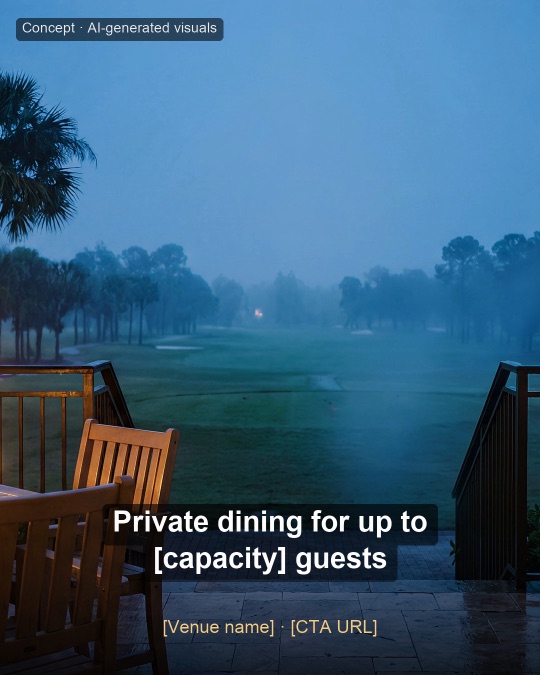 A terrace chair looking over a misty course at dawn. Headline: Private dining for up to [capacity] guests.