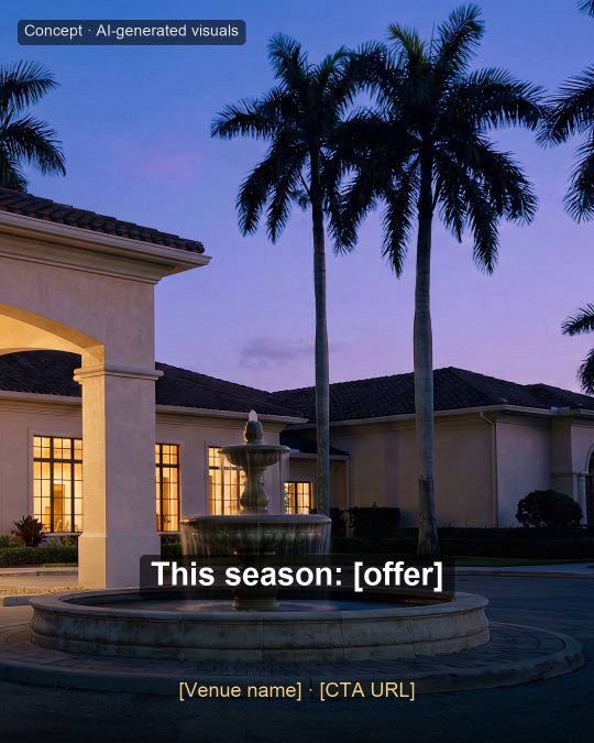 A fountain in front of a clubhouse with tall palms at dusk. Headline: This season: [offer].